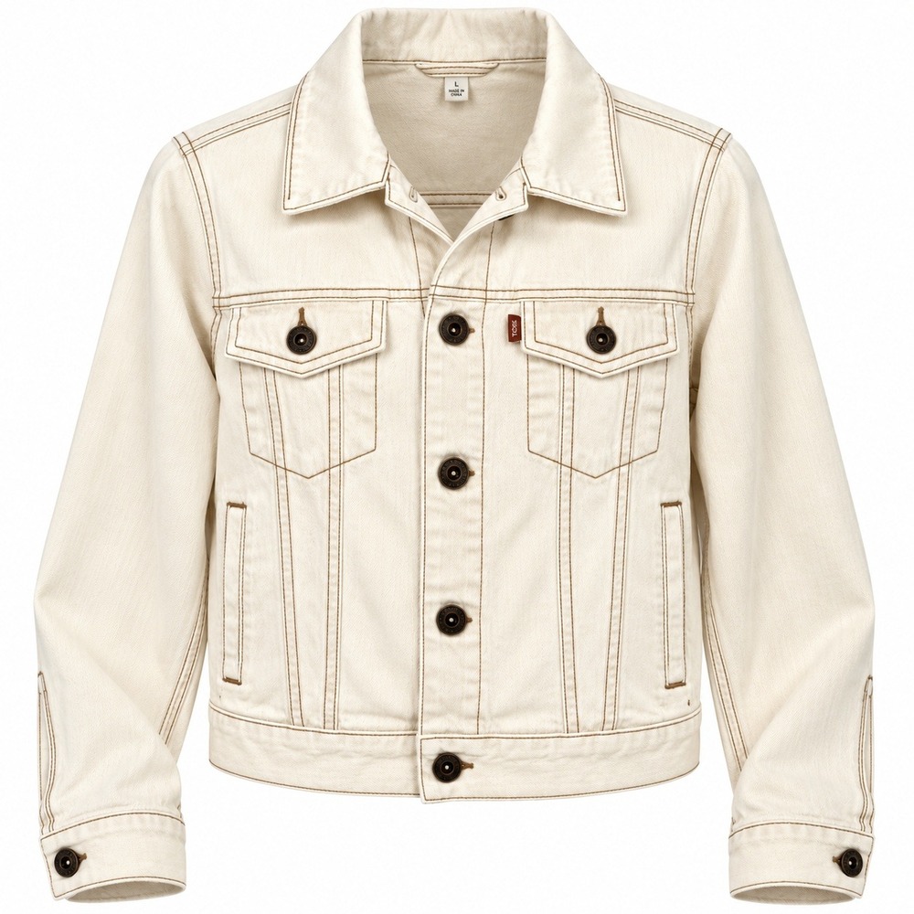 TOMS Cream Denim Trucker Jacket L Contrast Stitch Hidden Logo Graphic